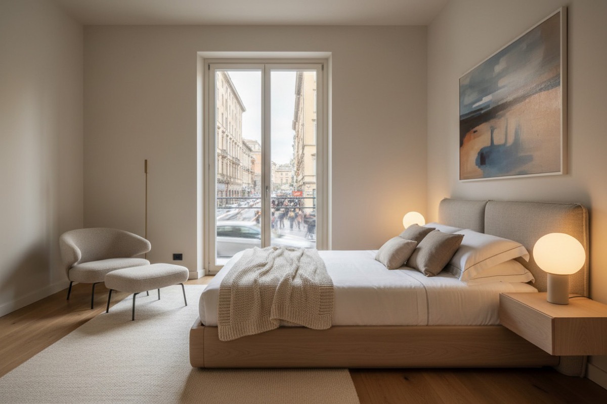 Camera da letto silenziosa con finestra chiusa sulla città