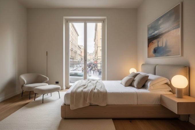 Camera da letto silenziosa con finestra chiusa sulla città